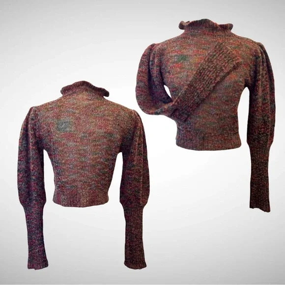 Vintage 80s Marled Knit Cropped Leg Mutton Balloon Purple Pink Sleeve Sweater 🔥 - Picture 10 of 10